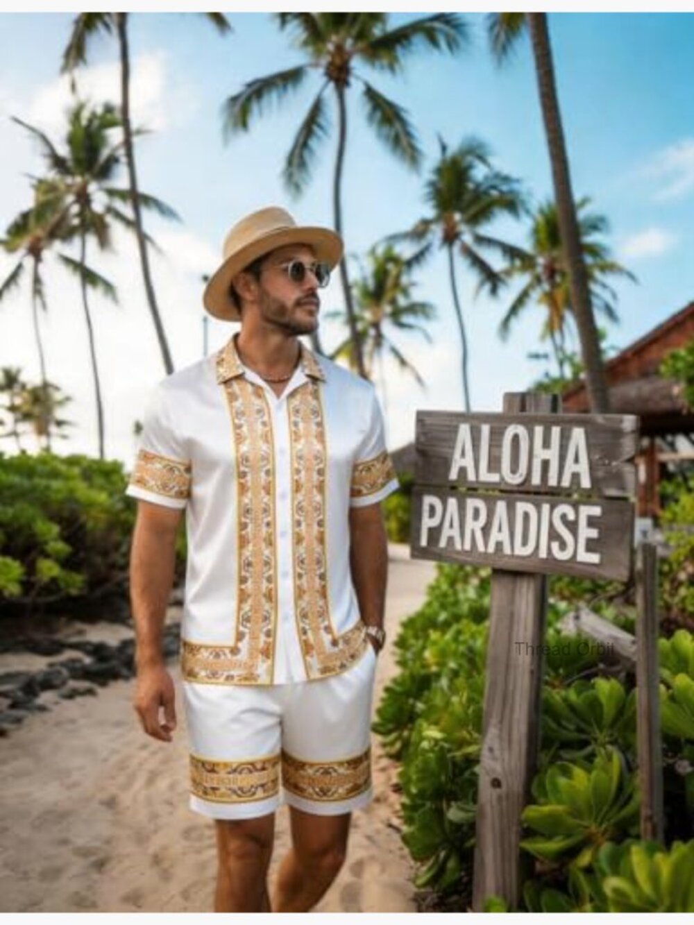 Men's Satin Silk Button Down Shirt Set 2 Piece Summer Beach Outfits - Picture 2 of 7